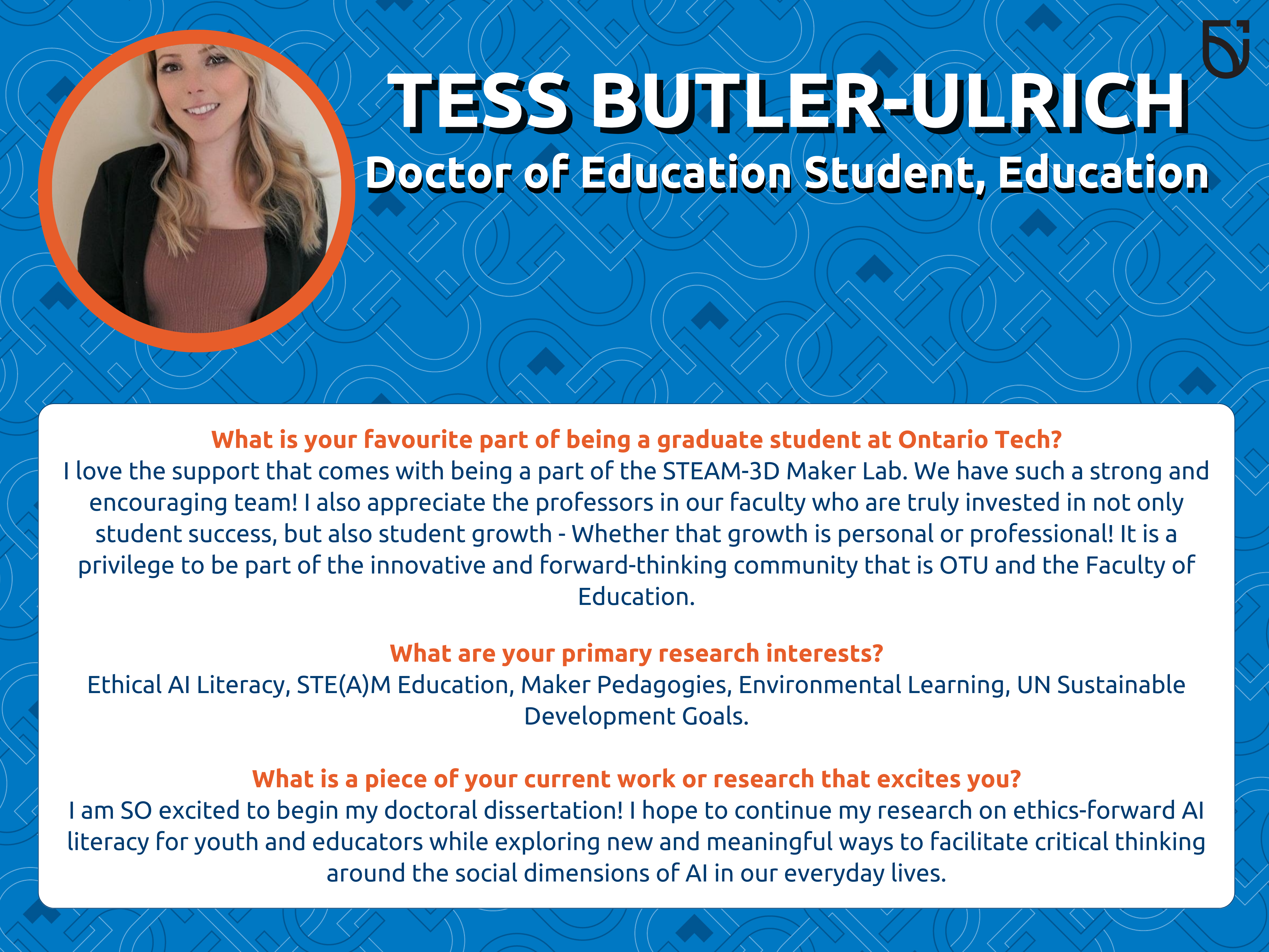 This photo is a Women’s Wednesday feature of Tess Butler-Ulrich, a Doctor of Education Graduate Student in the Mitch and Leslie Frazer Faculty of Education