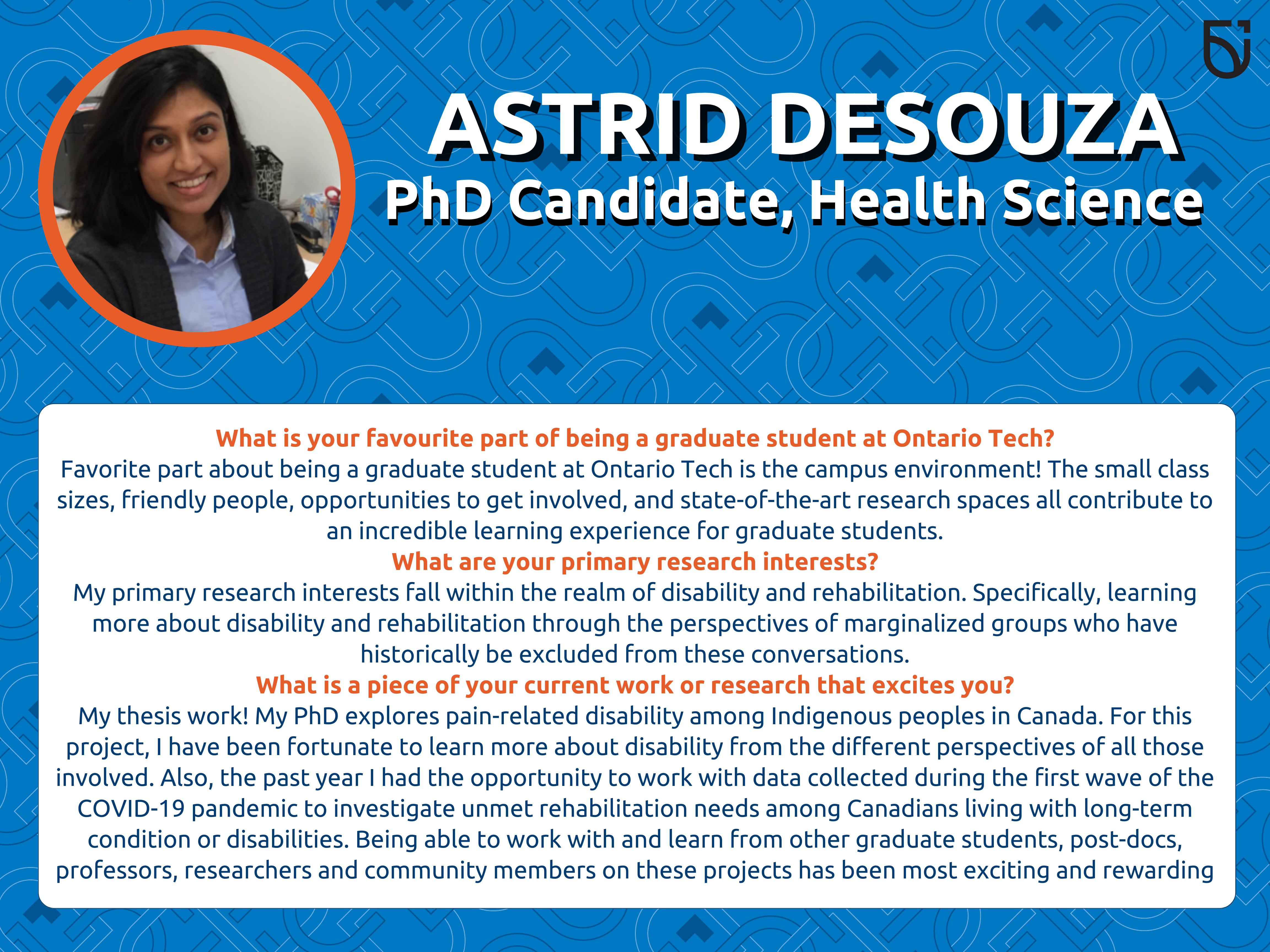This photo is a Women’s Wednesday feature of Astrid DeSouza, a PhD Candidate in the Faculty of Health Sciences