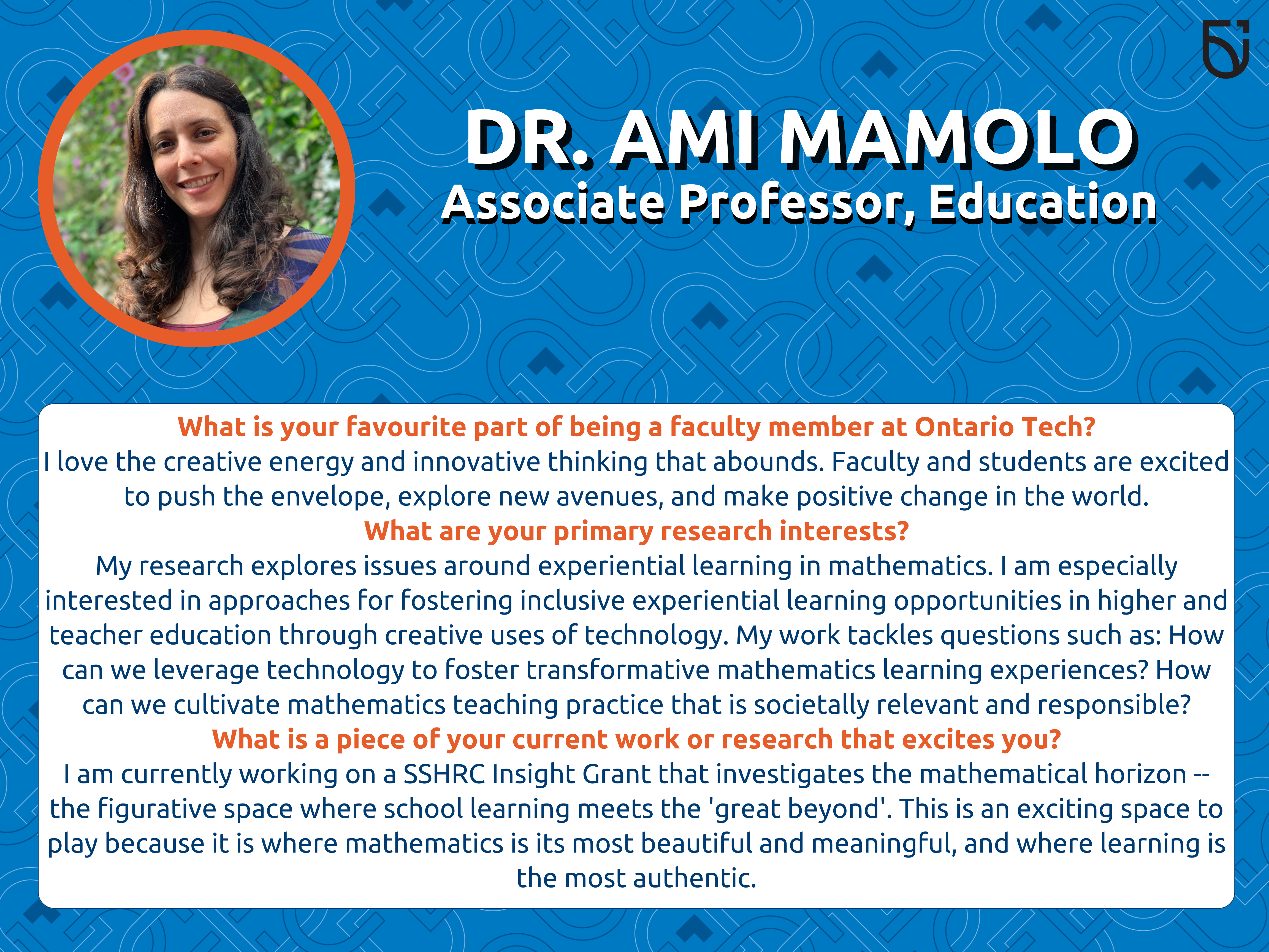This photo is a Women’s Wednesday feature of Dr. Ami Mamolo, an Associate Professor in the Mitch & Leslie Frazer Faculty of Education.