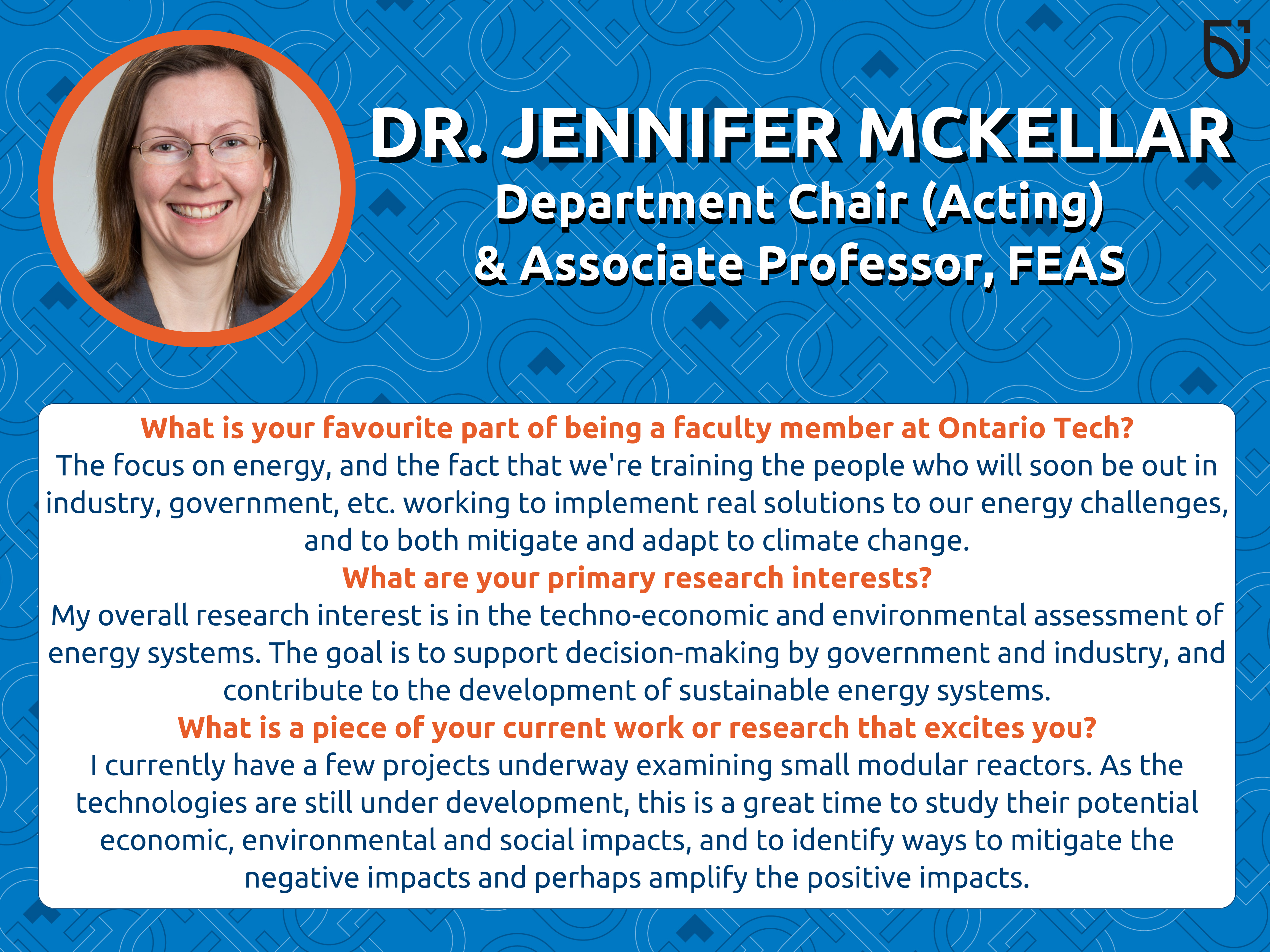 This photo is a Women’s Wednesday feature of Dr. Jennifer McKellar, Department Chair and an Associate Professor in the Faculty of Engineering and Applied Science.