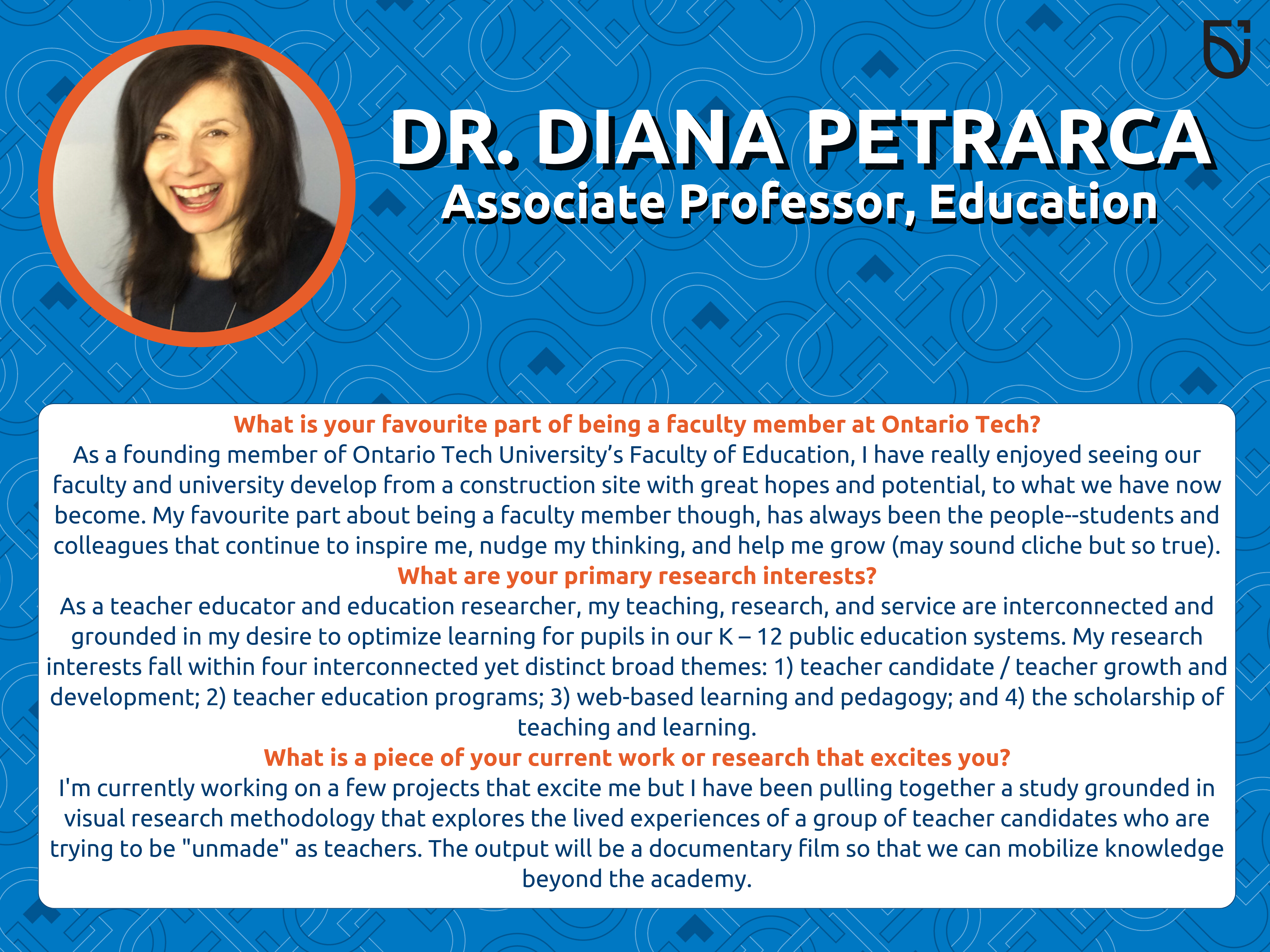 This photo is a Women’s Wednesday feature of Dr. Diana Petrarca, an Associate Professor in the Mitch and Leslie Frazer Faculty of Education