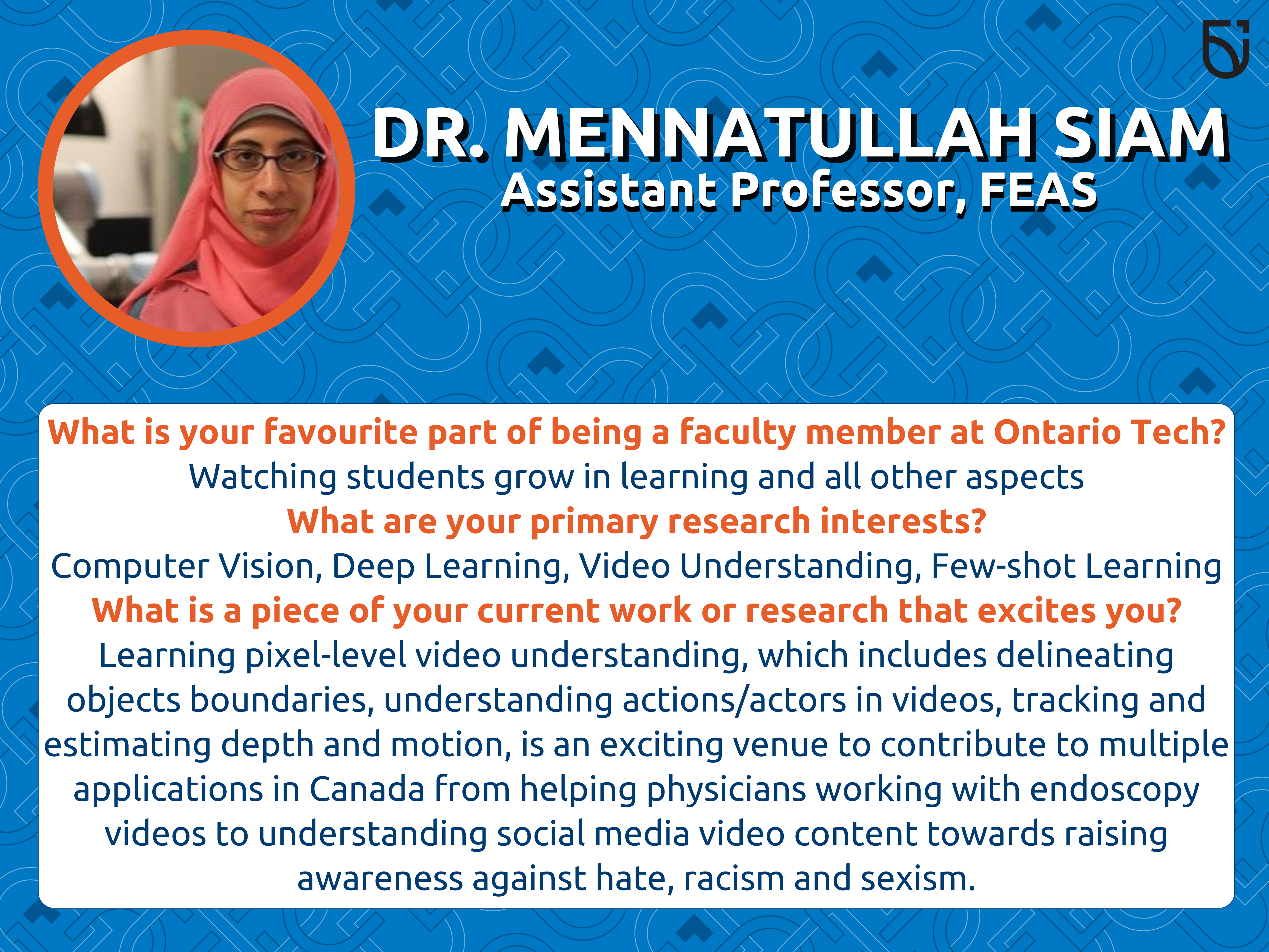 This photo is a Women’s Wednesday feature of Dr. Mennatullah Siam, an Assistant Professor in the Faculty of Engineering and Applied Science