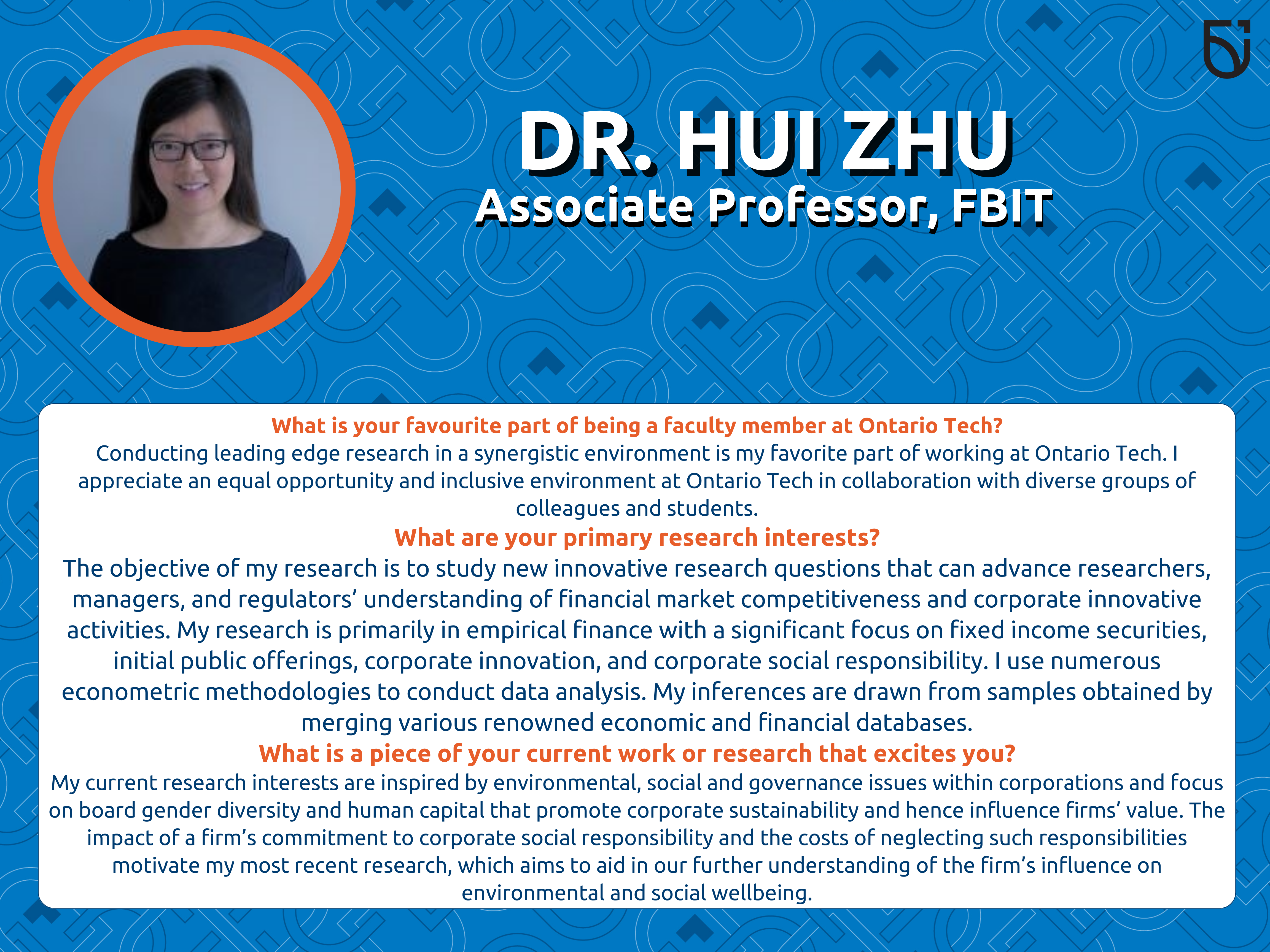 This photo is a Women’s Wednesday feature of Dr. Hui Zhu, an Associate Professor in the Faculty of Business and IT