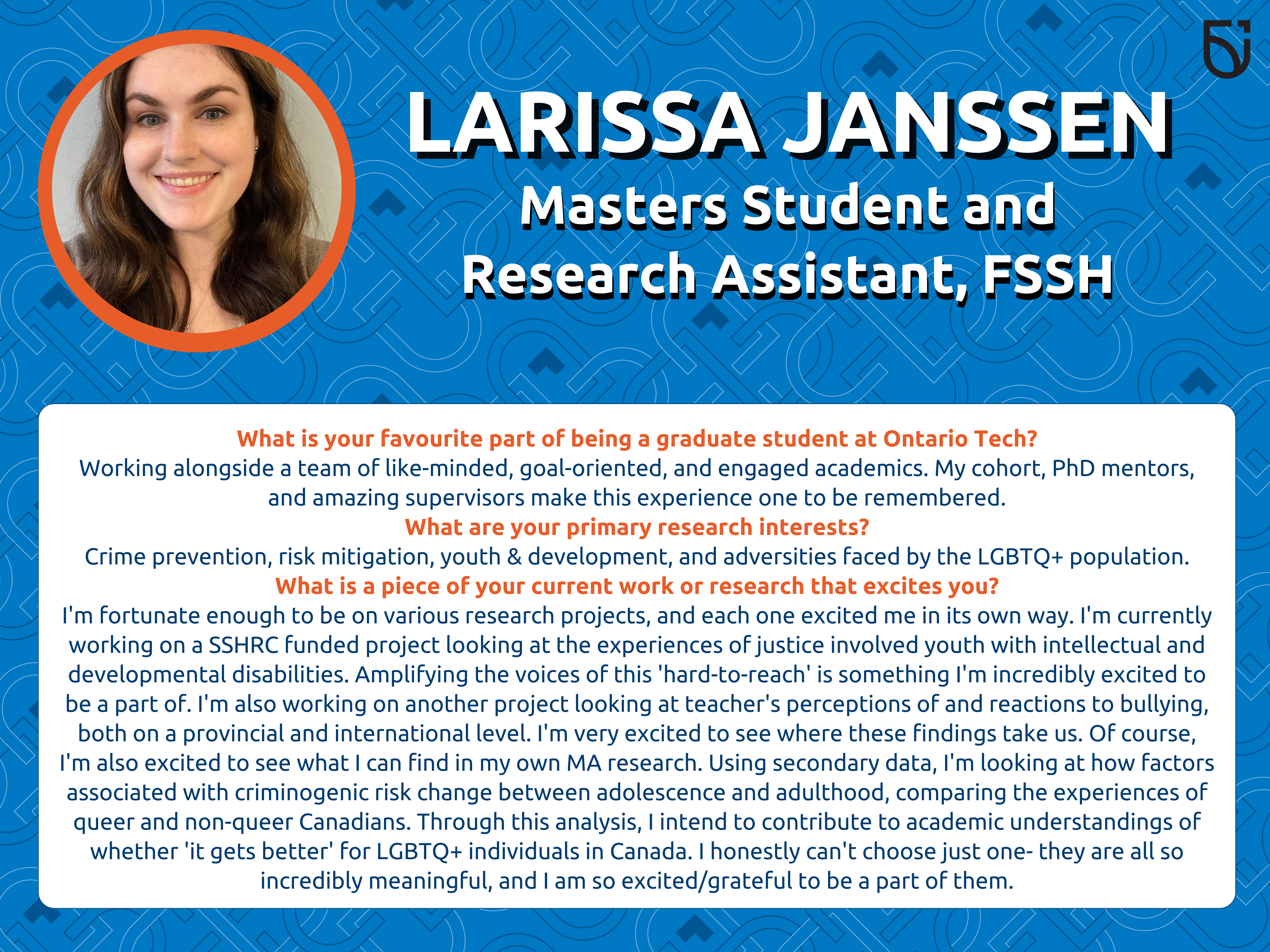 This photo is a Women’s Wednesday feature of Larissa Janssen, a Masters Student, in the Faculty of Social Science and Humanities.