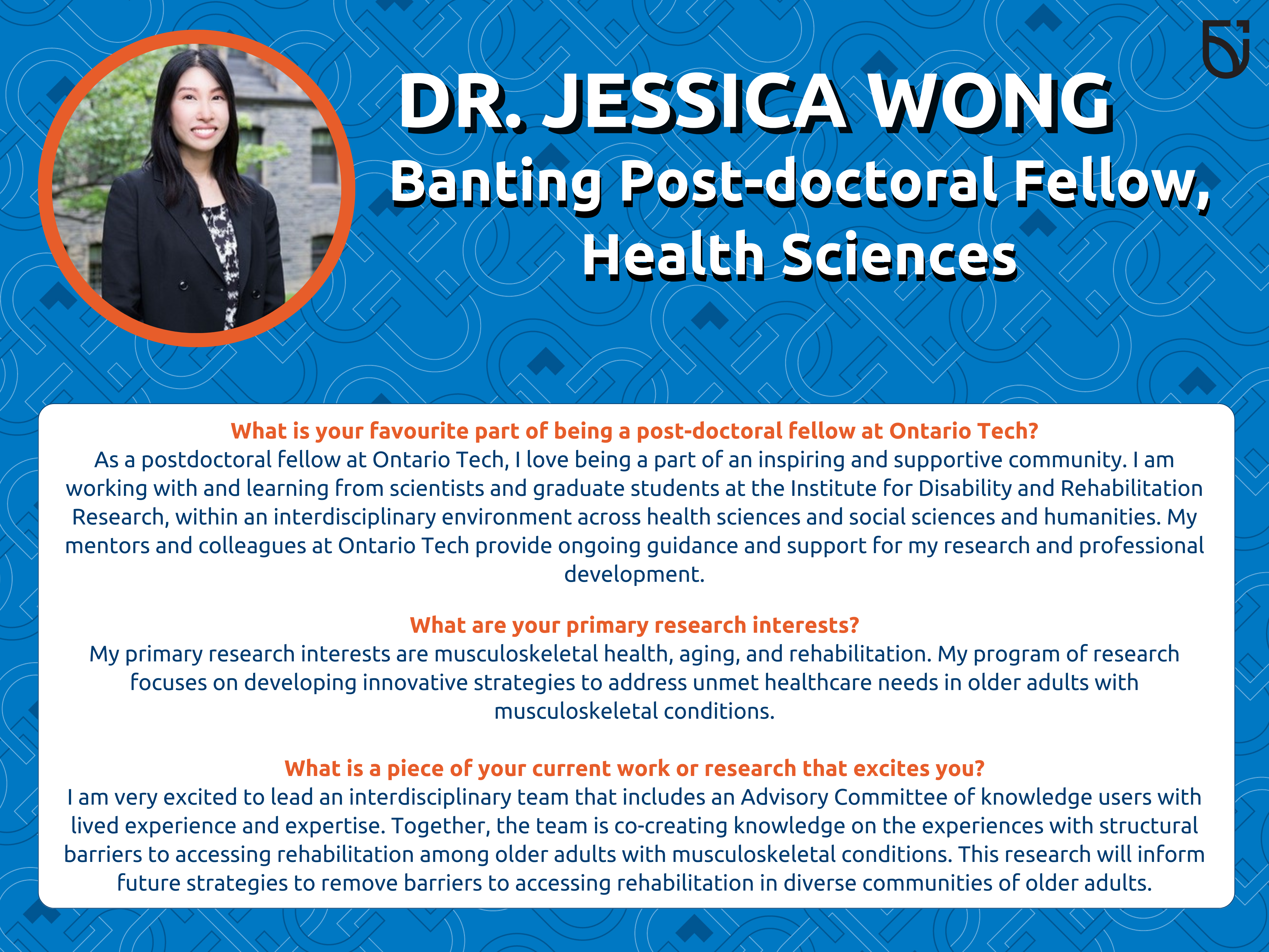 This photo is a Women’s Wednesday feature of Dr. Jessica Wong, a Banting Post-Doctoral Fellow of the Institute for Disability and Rehabilitation Research, in the Faculty of Health Sciences