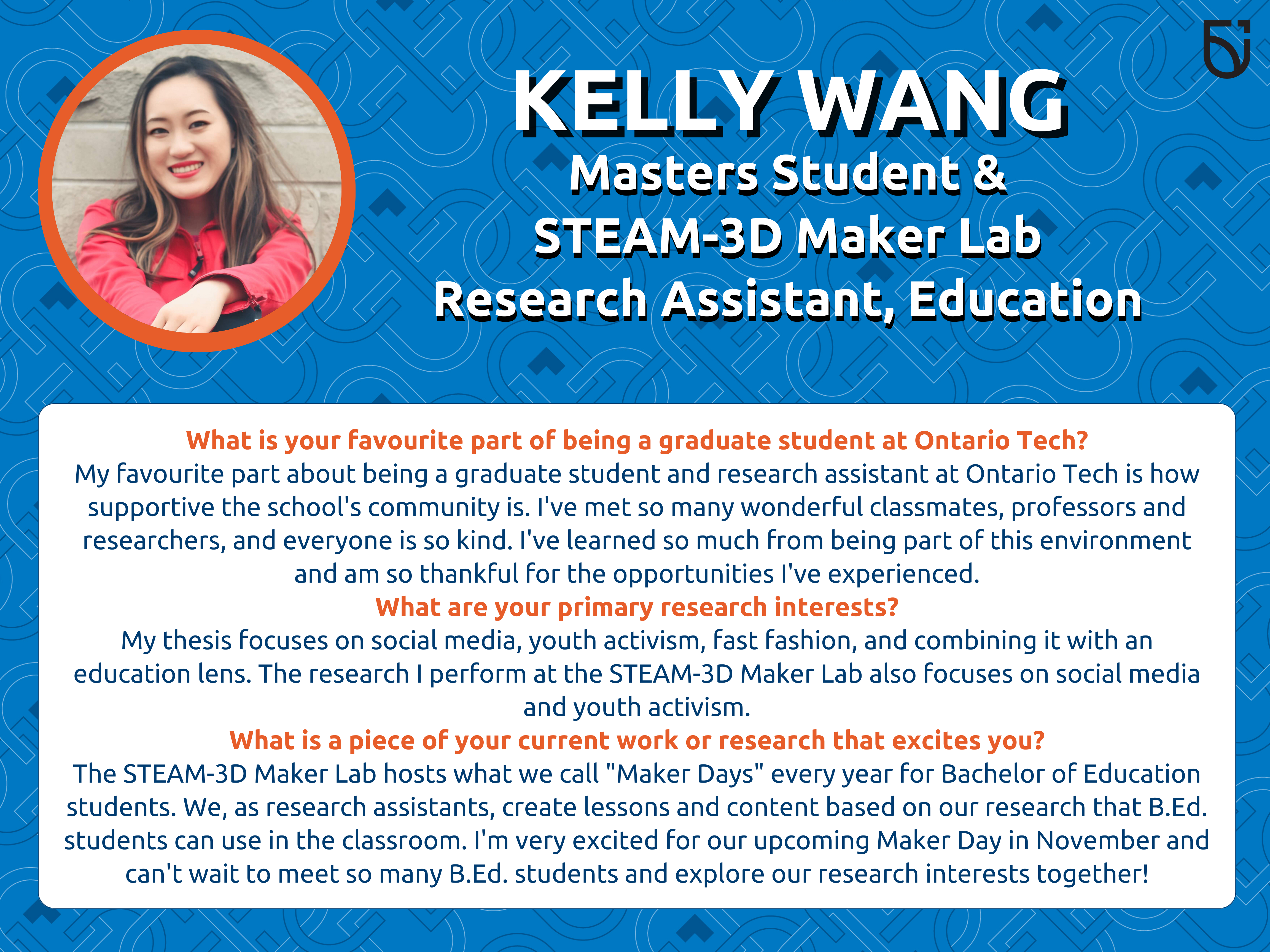 This photo is a Women’s Wednesday feature of Kelly Wang, a Masters Student and STEAM 3D-Maker Lab Research Assistant in the Mitch and Leslie Frazer Faculty of Education